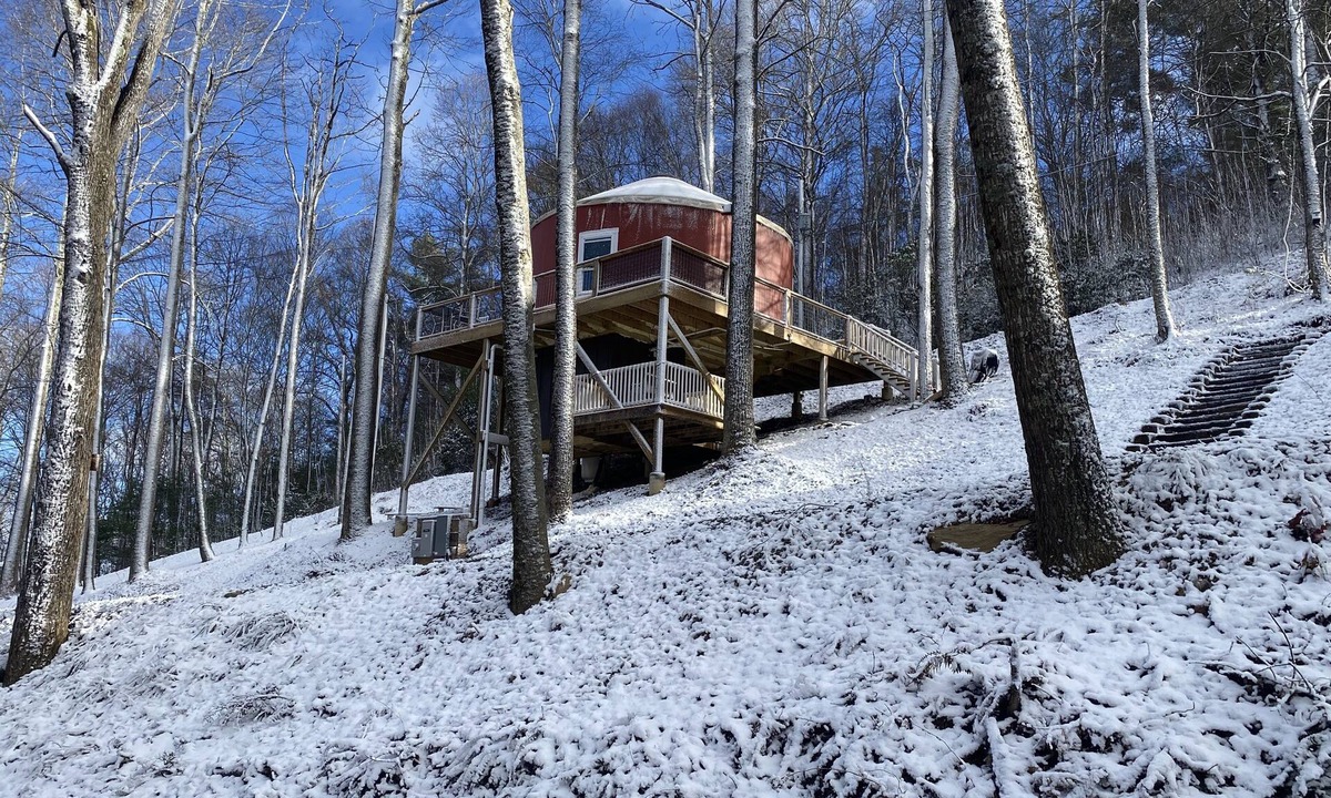 Piper Gap Cabin | Elevated eclectic yurt with wrap-around porch, hot tub, and mountain view!