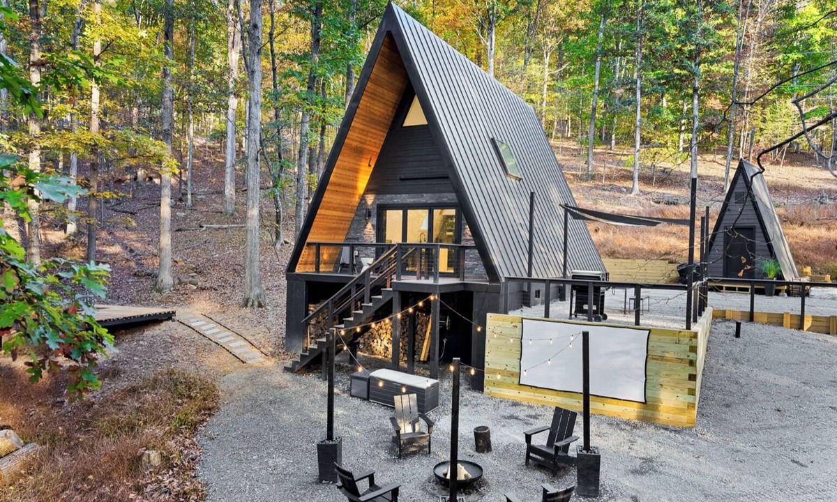 Great Cacapon Cabin | Modern Black A-frame retreat in the woods of Great Cacapon,WV - river access