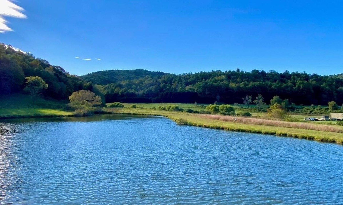 Ferguson RV Rental | Panoramic views of Blue Ridge Mountains, large RV elec & water sites pondside