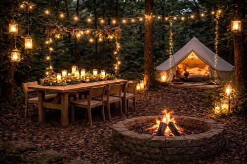 Madison House | Peaceful Bell Tent Campsite with Fire Pit & String Lights Near Madison Township, Indiana