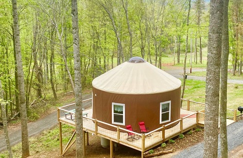 Piper Gap Cabin | Elevated eclectic yurt with wrap-around porch, hot tub, and mountain view!