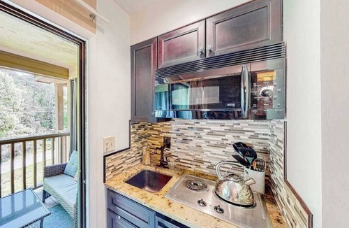 Lake Lure Condo | Inviting studio with pool, tennis, hot tub, kitchenette, & private sunny balcony