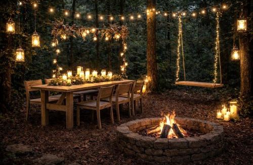 Madison House | Peaceful Bell Tent Campsite with Fire Pit & String Lights Near Madison Township, Indiana