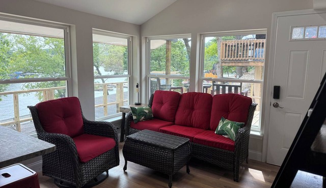 Cozy 800 sq ft A-frame cabin at North Shore Resort with lake views, 1 bedroom + loft (sleeps 6), full kitchen, island seating, and a private deck—perfect for relaxing getaways at Lake of the Ozarks.